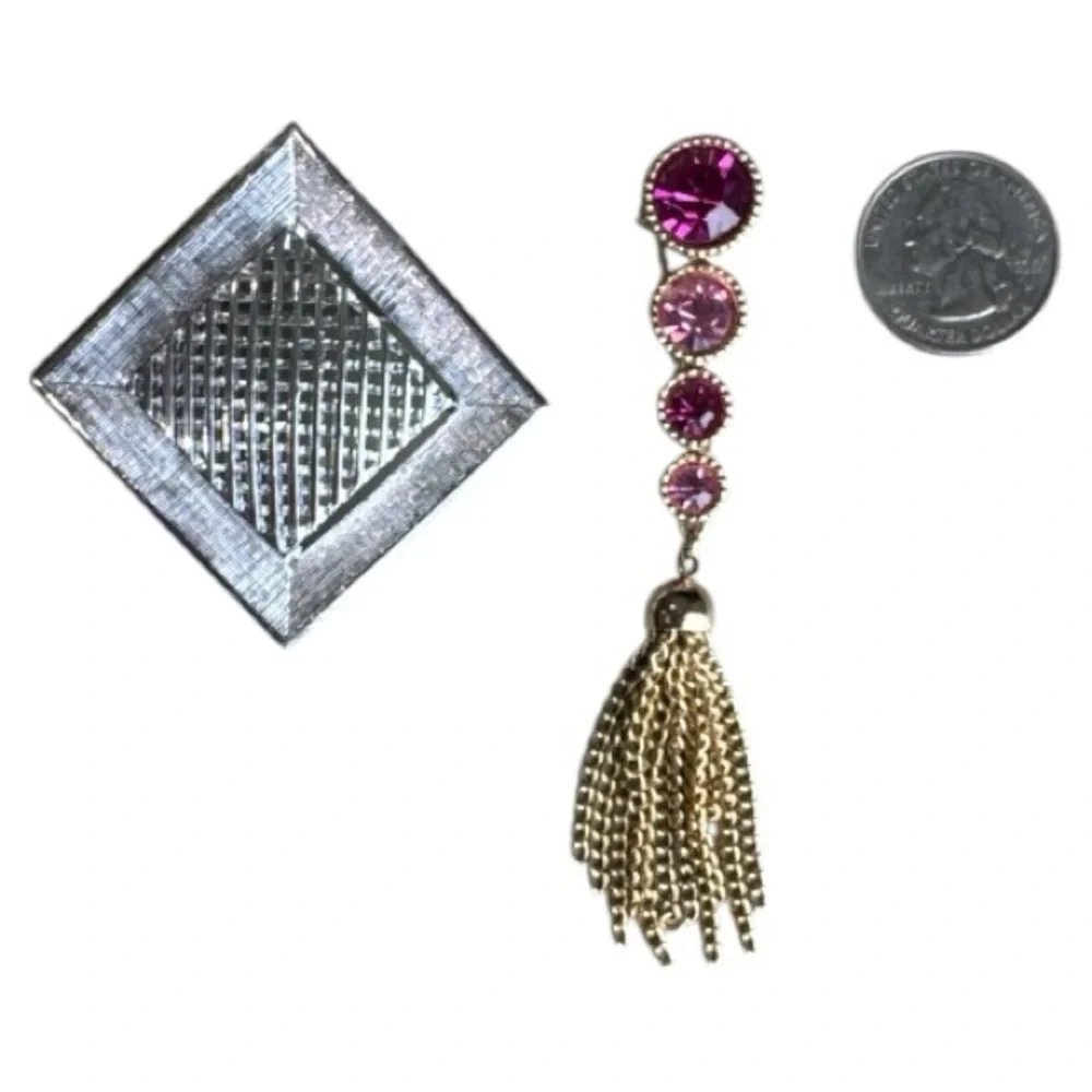 Sarah Coventry VTG Brooch Pins - Pink & Gold Tassel / Brushed Woven Silver Tone